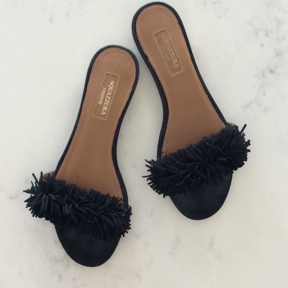 AQUAZZURA FRINGE SUEDE SLIDES 5